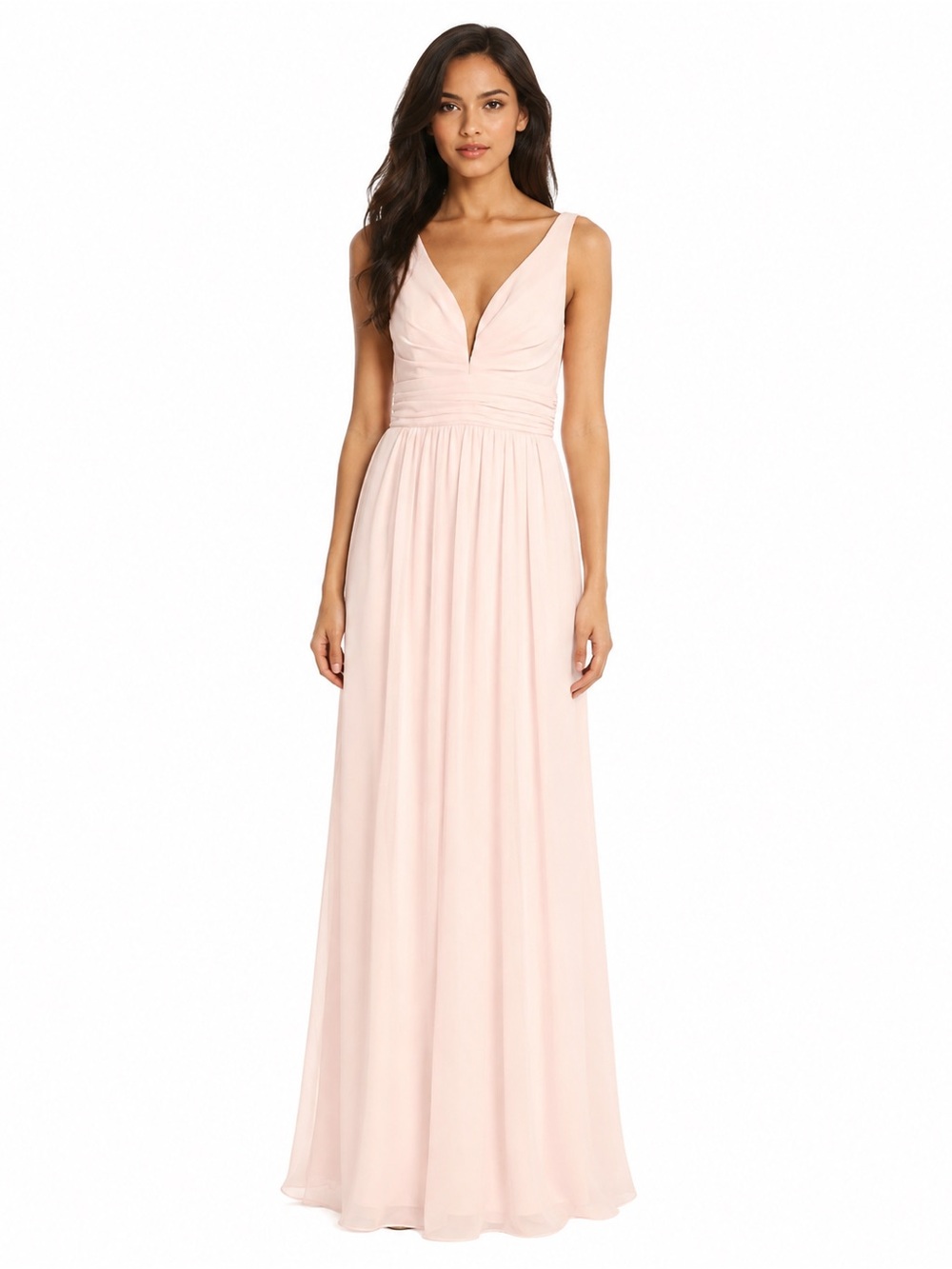 LULUS Chiffon Ruched Deep V-Neck Gown Long Maxi Dress Ruched